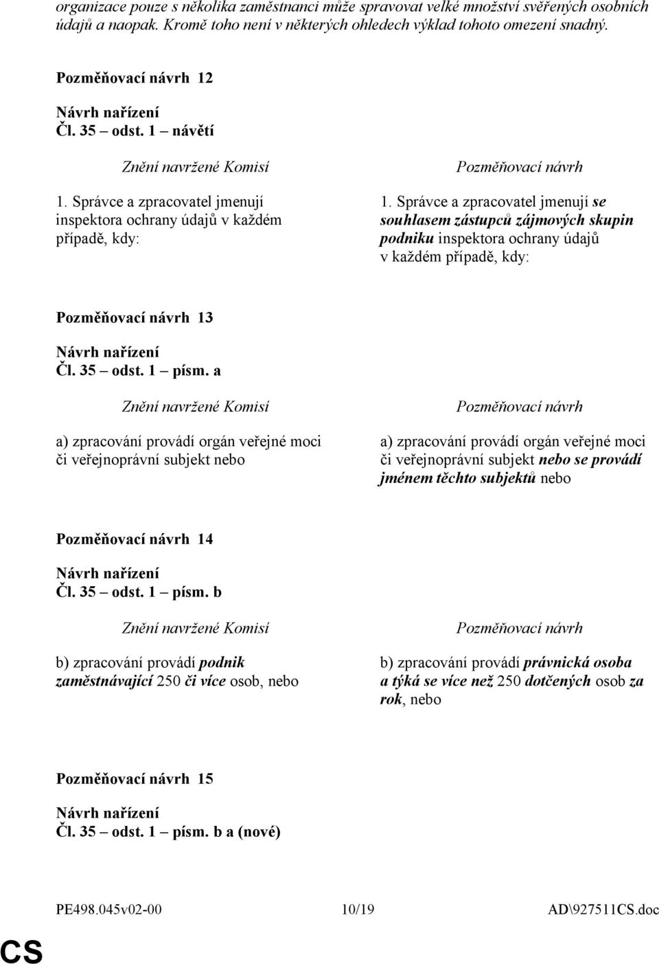 Správce a zpracovatel jmenují se souhlasem zástupců zájmových skupin podniku inspektora ochrany údajů v každém případě, kdy: 13 Čl. 35 odst. 1 písm.