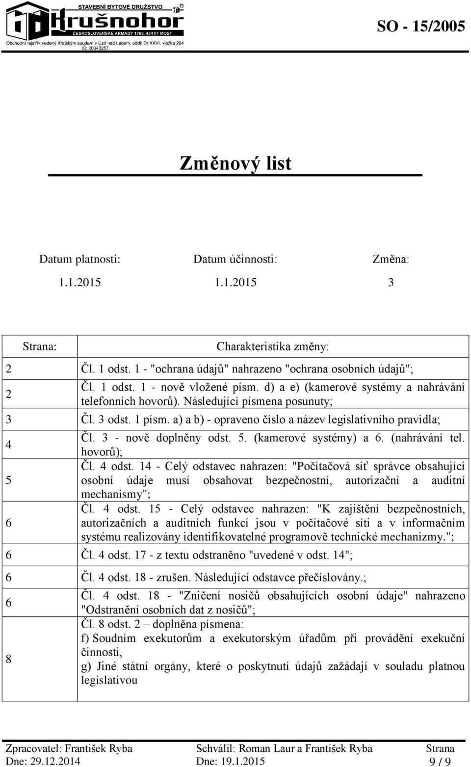 3 - nově doplněny odst. 5. (kamerové systémy) a 6. (nahrávání tel. hovorů); Čl. 4 odst.