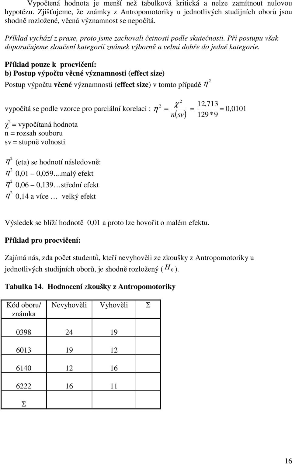 Příklad pouze k procvčeí: b) Postup výpočtu věcé výzamost (effect sze) Postup výpočtu věcé výzamost (effect sze) v tomto případě η χ vypočítá se podle vzorce pro parcálí korelac : η ( sv) χ vypočítaá