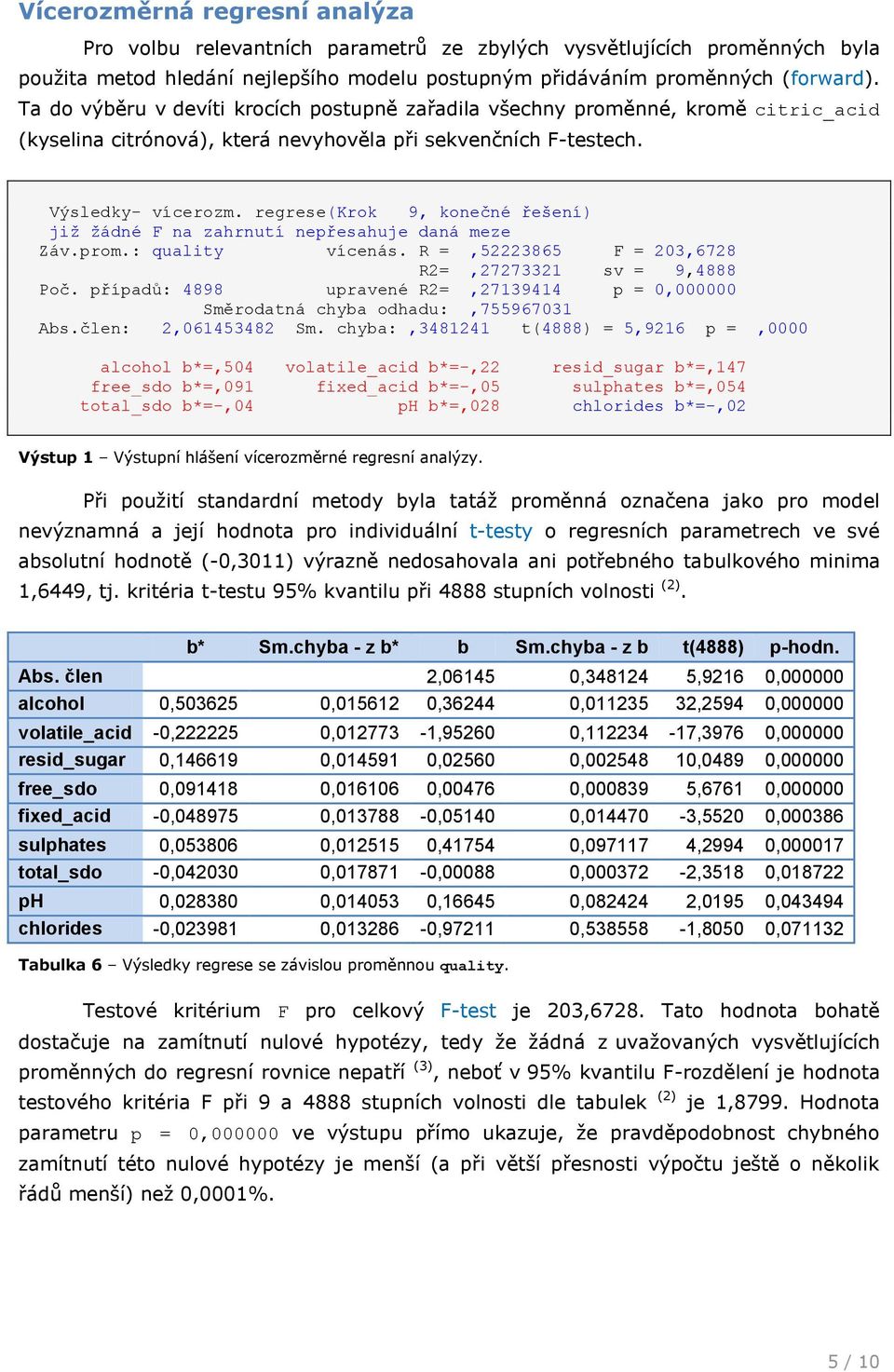 regrese(krok 9, konečné řešení) již žádné F na zahrnutí nepřesahuje daná meze Záv.prom.: quality vícenás. R =,5222865 F = 2,6728 R2=,272721 sv = 9,888 Poč.