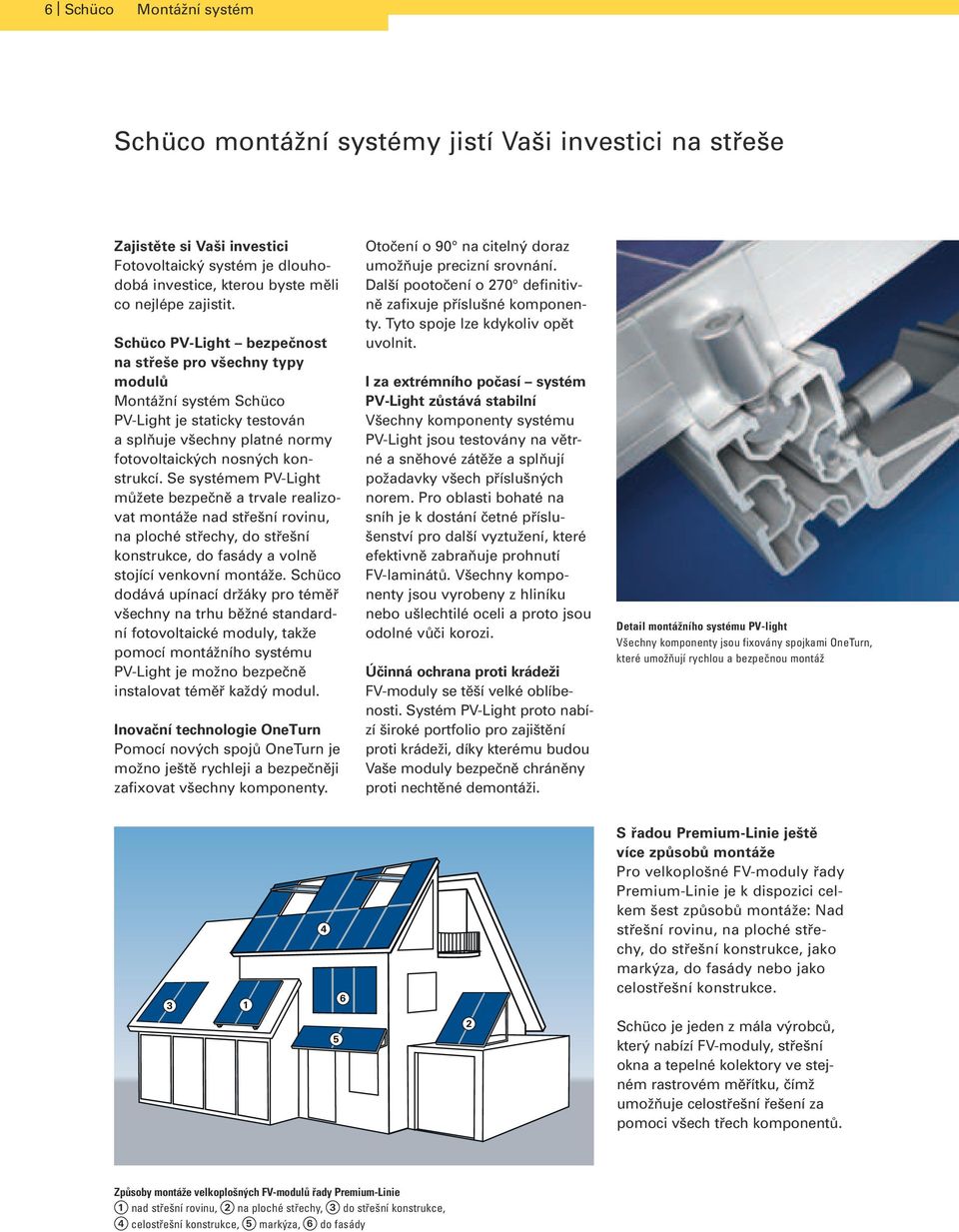 Se systémem PV-Light můžete bezpečně a trvale realizovat montáže nad střešní rovinu, na ploché střechy, do střešní konstrukce, do fasády a volně stojící venkovní montáže.