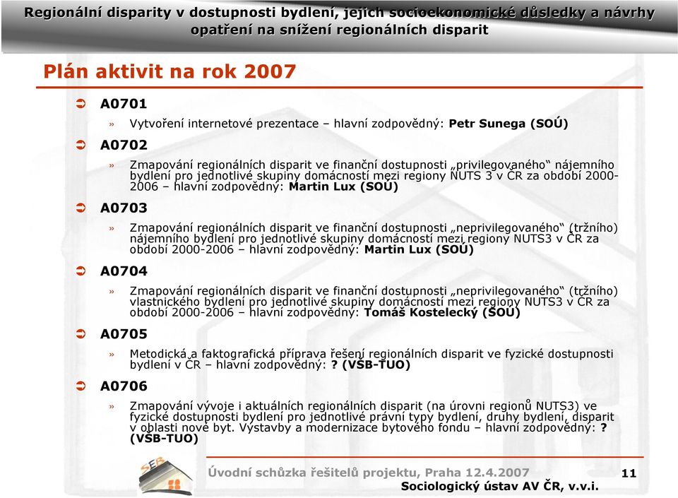 (tržního) nájemního bydlení pro jednotlivé skupiny domácností mezi regiony NUTS3 v ČR za období 2000-2006 hlavní zodpovědný: Martin Lux (SOÚ) A0704» Zmapování regionálních disparit ve finanční