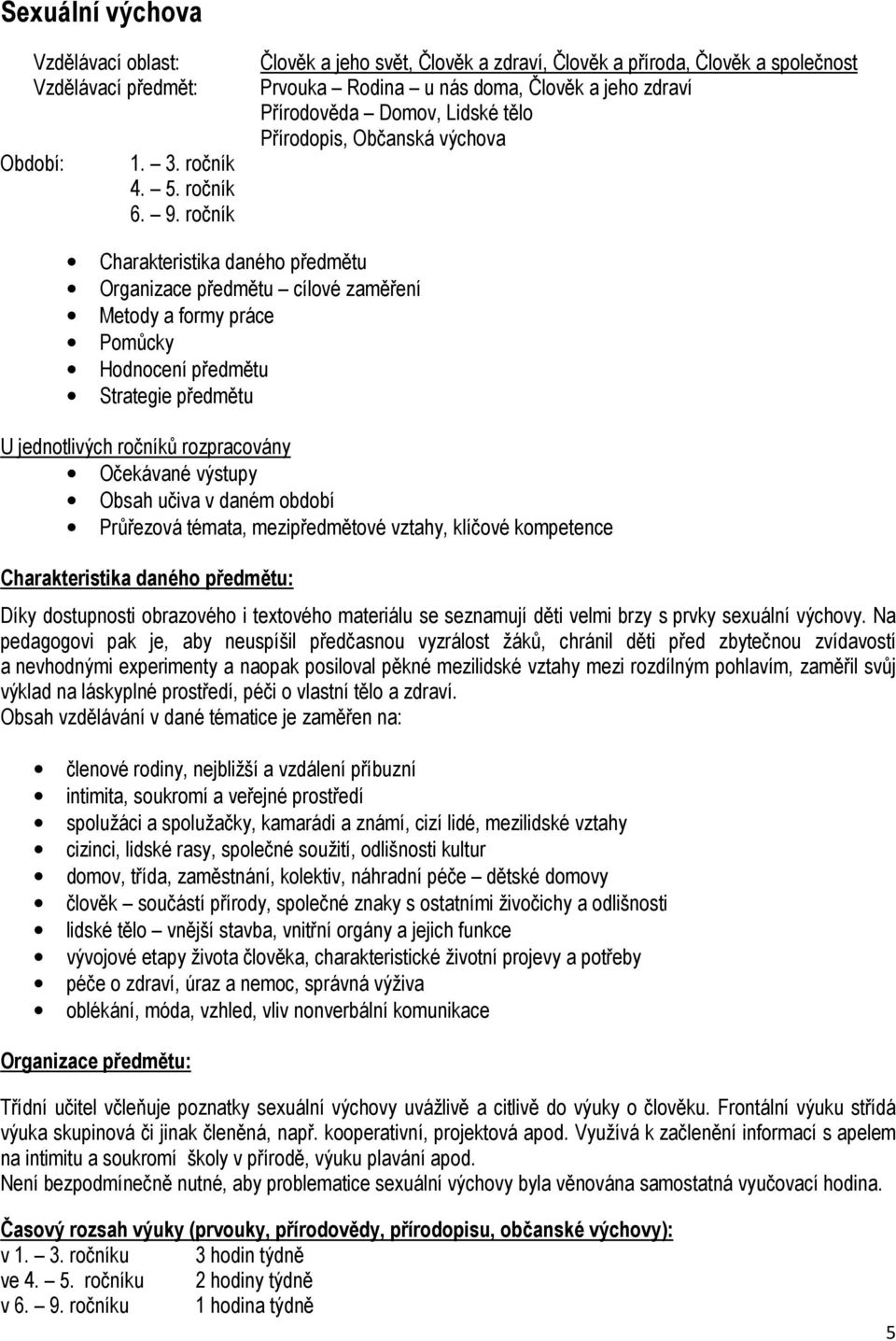 Charakteristika daného předmětu Organizace předmětu cílové zaměření Metody a formy práce Pomůcky Hodnocení předmětu Strategie předmětu U jednotlivých ročníků rozpracovány Očekávané výstupy Obsah