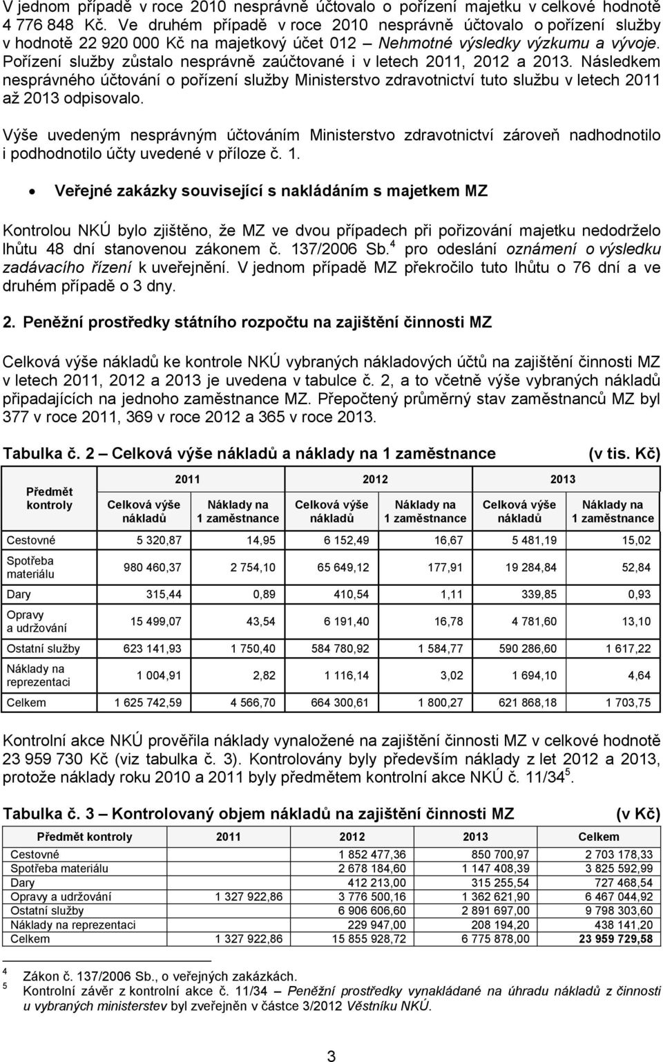 Pořízení služby zůstalo nesprávně zaúčtované i v letech 2011, 2012 a 2013. Následkem nesprávného účtování o pořízení služby Ministerstvo zdravotnictví tuto službu v letech 2011 až 2013 odpisovalo.