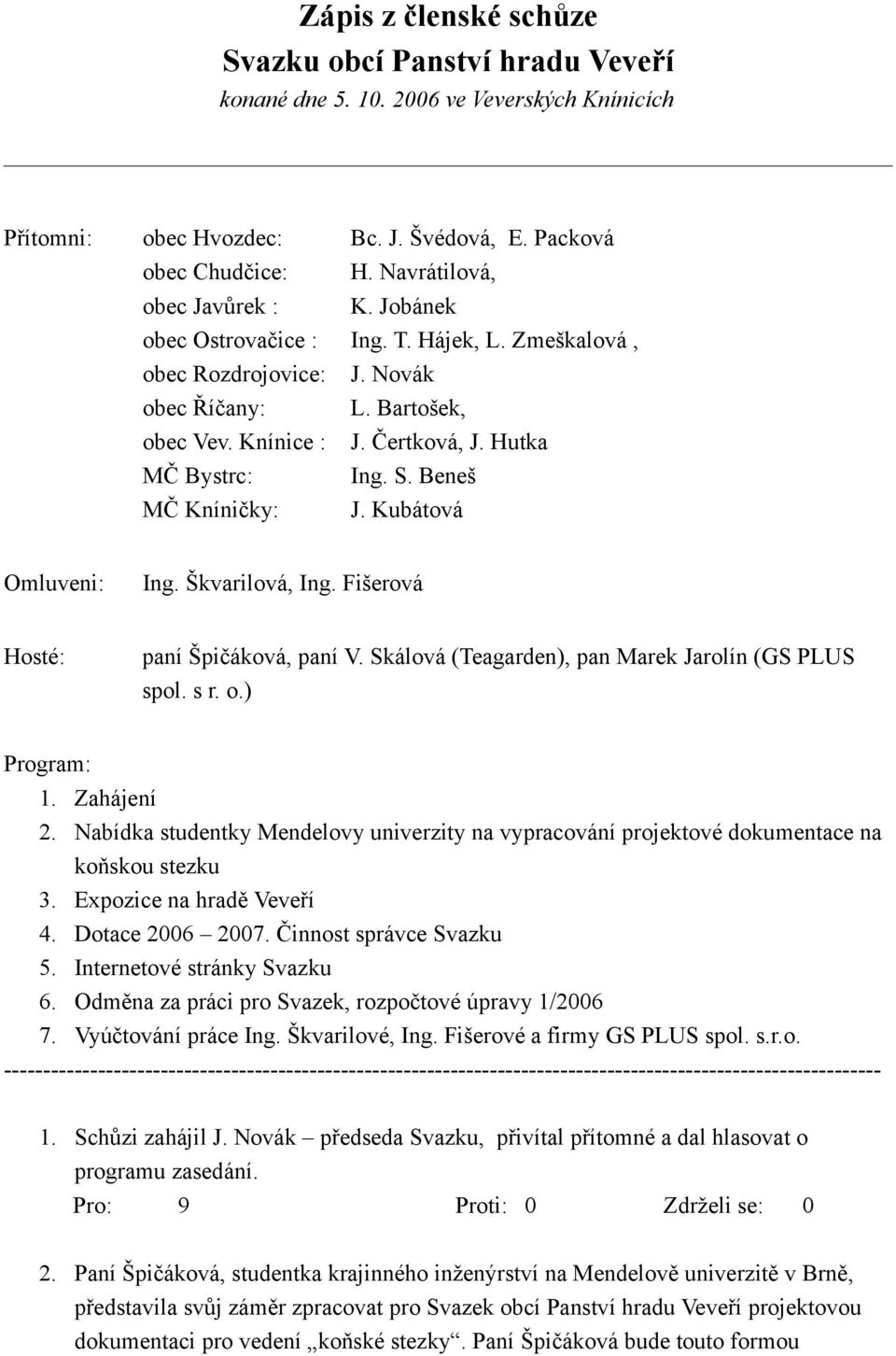 Čertková, J. Hutka Ing. S. Beneš J. Kubátová Omluveni: Ing. Škvarilová, Ing. Fišerová Hosté: paní Špičáková, paní V. Skálová (Teagarden), pan Marek Jarolín (GS PLUS spol. s r. o.) Program: 1.