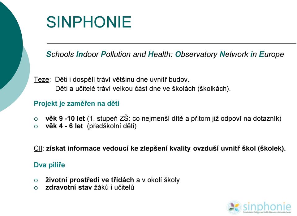 stupeň ZŠ: co nejmenší dítě a přitom již odpoví na dotazník) věk 4-6 let (předškolní děti) Cíl: získat informace vedoucí