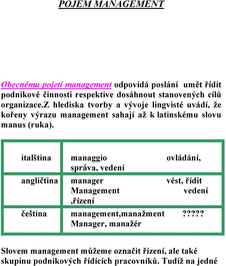 z hlediska tvorby a vývoje lingvisté uvádí, že kořeny výrazu management sahají až k latinskému slovu manus (ruka).