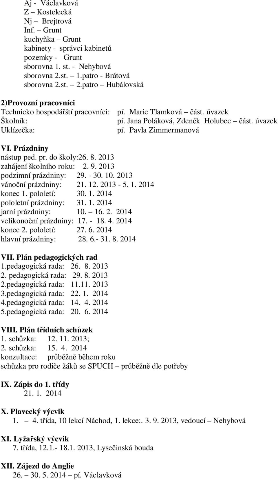 úvazek Uklízečka: pí. Pavla Zimmermanová VI. Prázdniny nástup ped. pr. do školy:26. 8. 2013 zahájení školního roku: 2. 9. 2013 podzimní prázdniny: 29. - 30. 10. 2013 vánoční prázdniny: 21. 12. 2013-5.