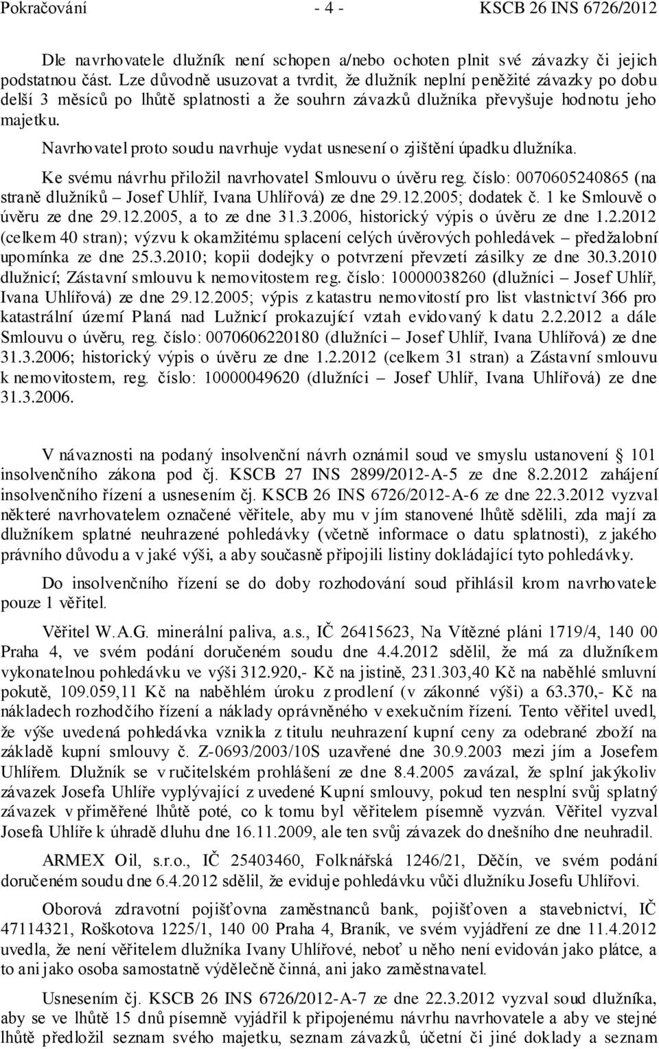 Navrhovatel proto soudu navrhuje vydat usnesení o zjištění úpadku dlužníka. Ke svému návrhu přiložil navrhovatel Smlouvu o úvěru reg.