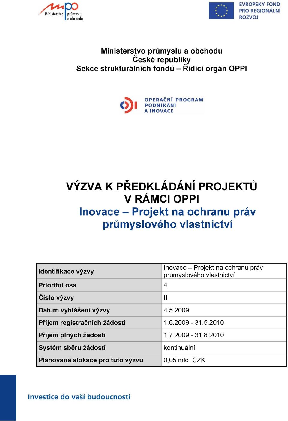 průmyslového vlastnictví Prioritní osa 4 Číslo výzvy II Datum vyhlášení výzvy 4.5.2009 Příjem registračních žádostí 1.6.