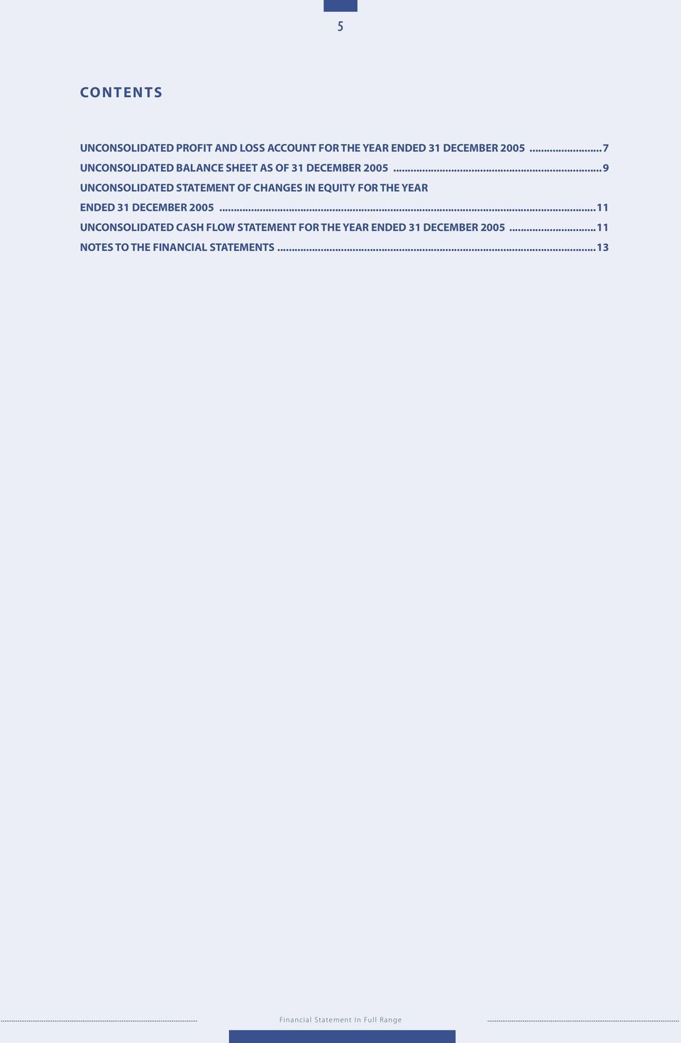 ..9 UNCONSOLIDATED STATEMENT OF CHANGES IN EQUITY FOR THE YEAR ENDED 31 DECEMBER 2005.