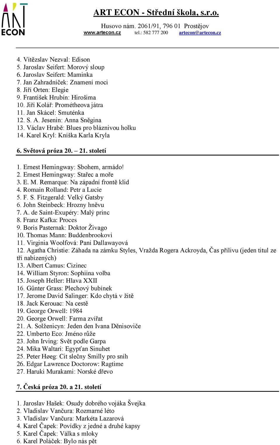 století 1. Ernest Hemingway: Sbohem, armádo! 2. Ernest Hemingway: Stařec a moře 3. E. M. Remarque: Na západní frontě klid 4. Romain Rolland: Petr a Lucie 5. F. S. Fitzgerald: Velký Gatsby 6.