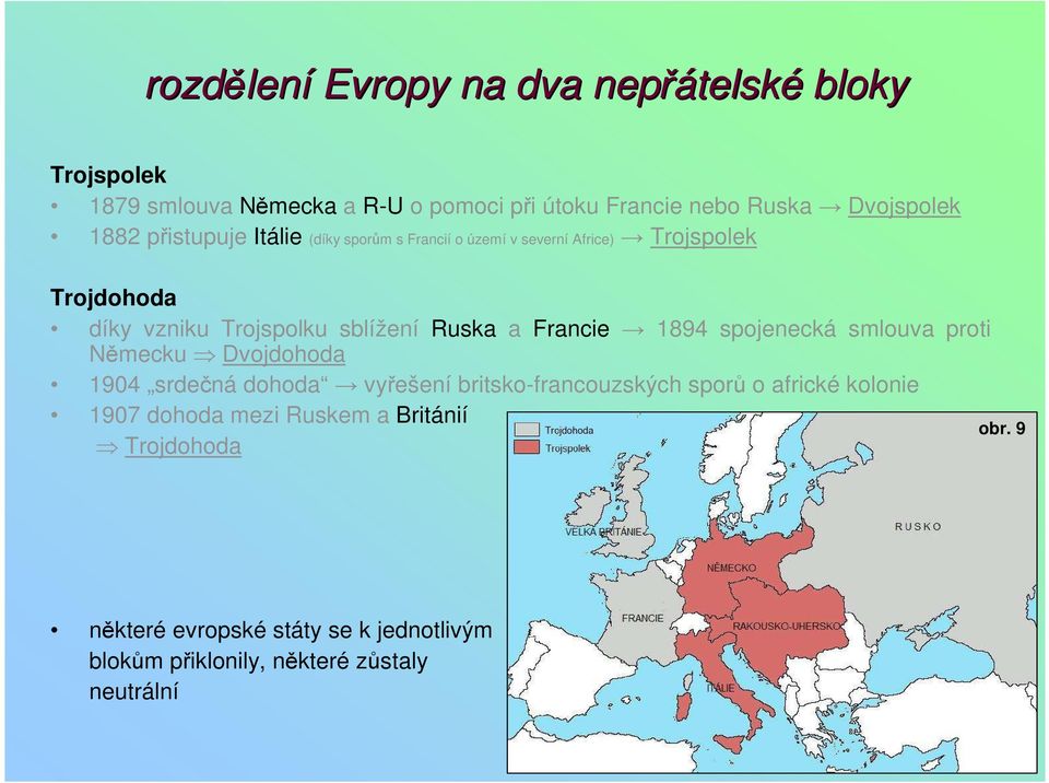 sblížení Ruska a Francie 1894 spojenecká smlouva proti Německu Dvojdohoda 1904 srdečná dohoda vyřešení britsko-francouzských sporů o