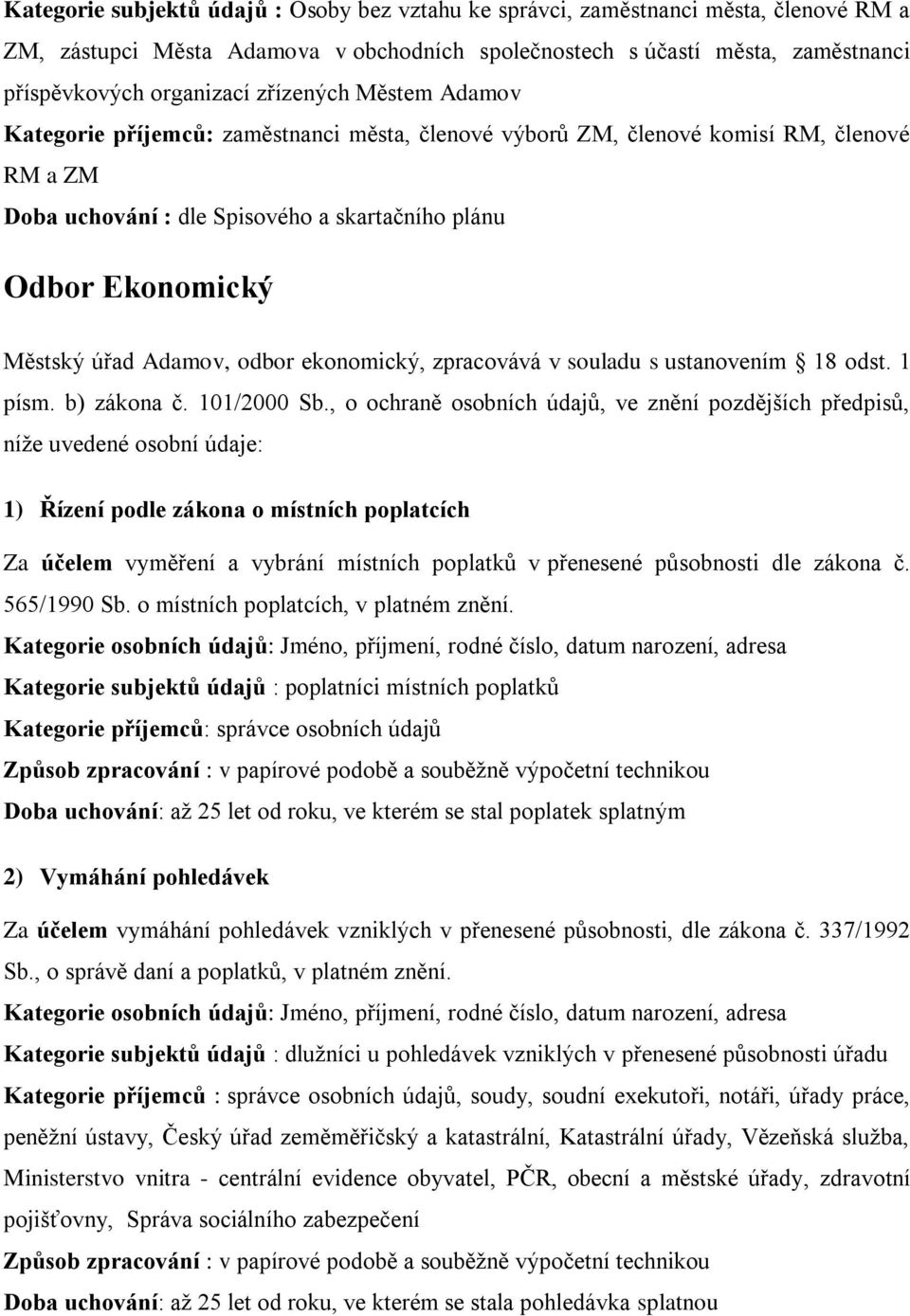 Adamov, odbor ekonomický, zpracovává v souladu s ustanovením 18 odst. 1 písm. b) zákona č. 101/2000 Sb.