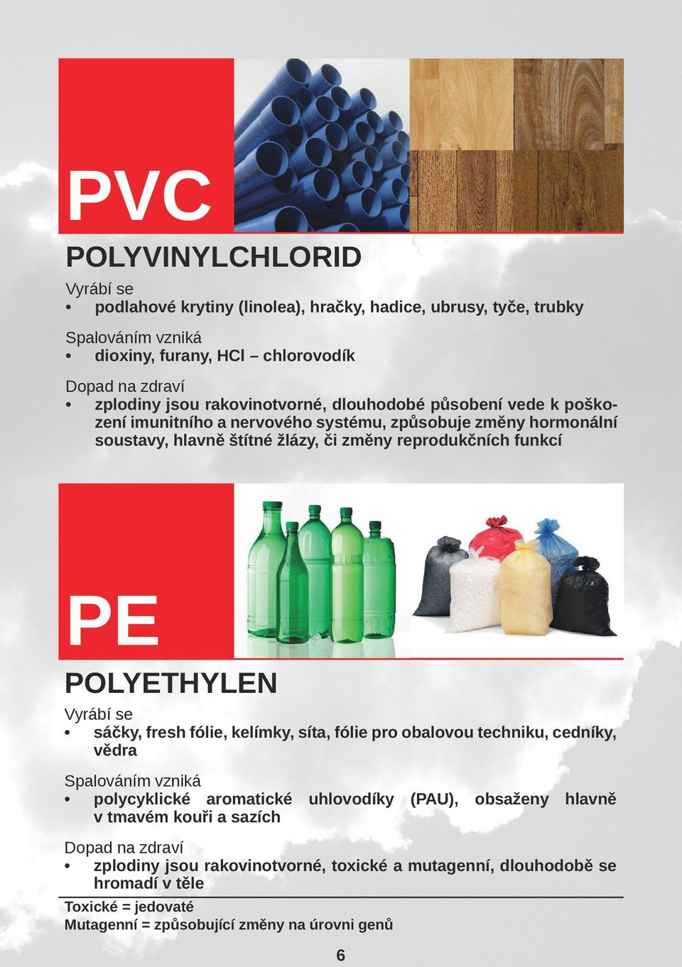 Polyethylen Vyrábí se sáčky, fresh fólie, kelímky, síta, fólie pro obalovou techniku, cedníky, vědra Spalováním vzniká polycyklické aromatické uhlovodíky (PAU), obsaženy hlavně v
