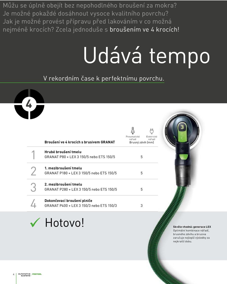 4 Dokončovací Broušení ve 4 krocích s brusivem GRANAT Brusný zdvih [mm] broušení tmelu GRANAT P80 + LEX 3 150/5 nebo ETS 150/5 5 mezibroušení tmelu GRANAT P180 + LEX 3 150/5 nebo ETS 150/5 5
