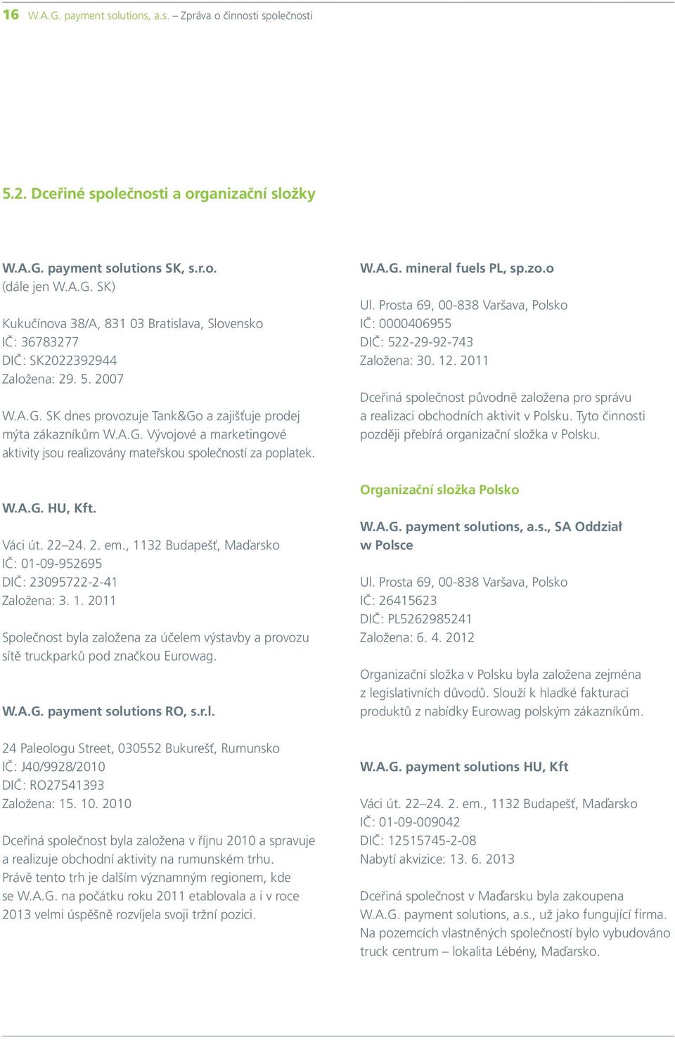 2. em., 1132 Budapešť, Maďarsko IČ: 01-09-952695 DIČ: 23095722-2-41 Založena: 3. 1. 2011 Společnost byla založena za účelem výstavby a provozu sítě truckparků pod značkou Eurowag. W.A.G.