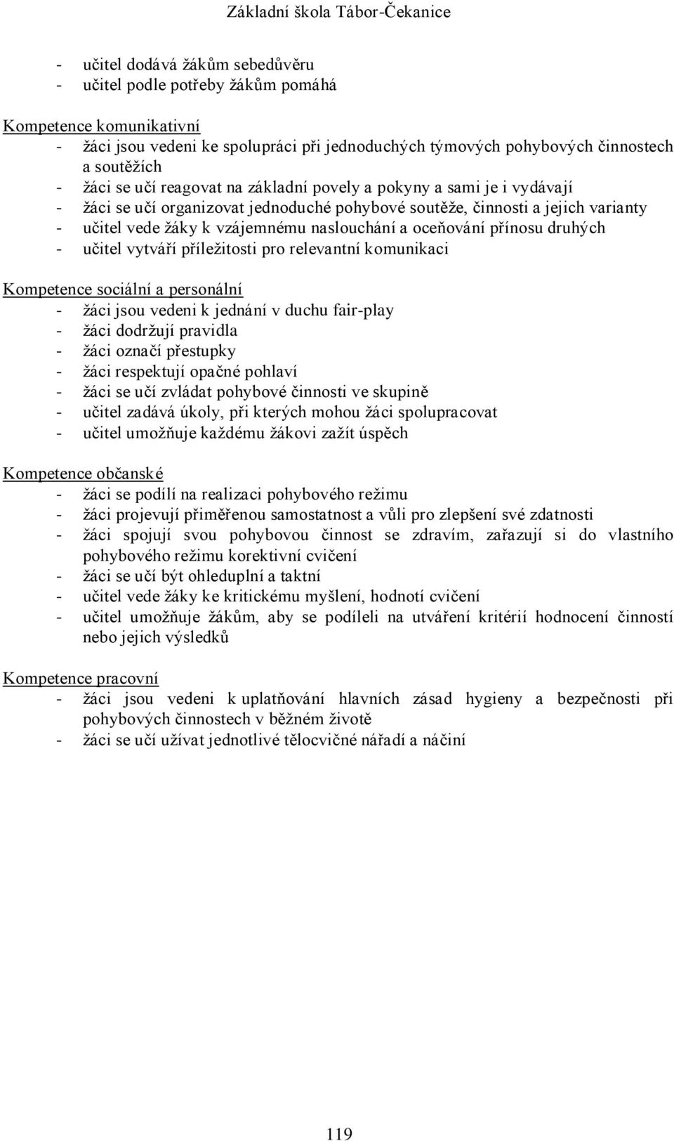 přínosu druhých - učitel vytváří příležitosti pro relevantní komunikaci Kompetence sociální a personální - žáci jsou vedeni k jednání v duchu fair-play - žáci dodržují pravidla - žáci označí