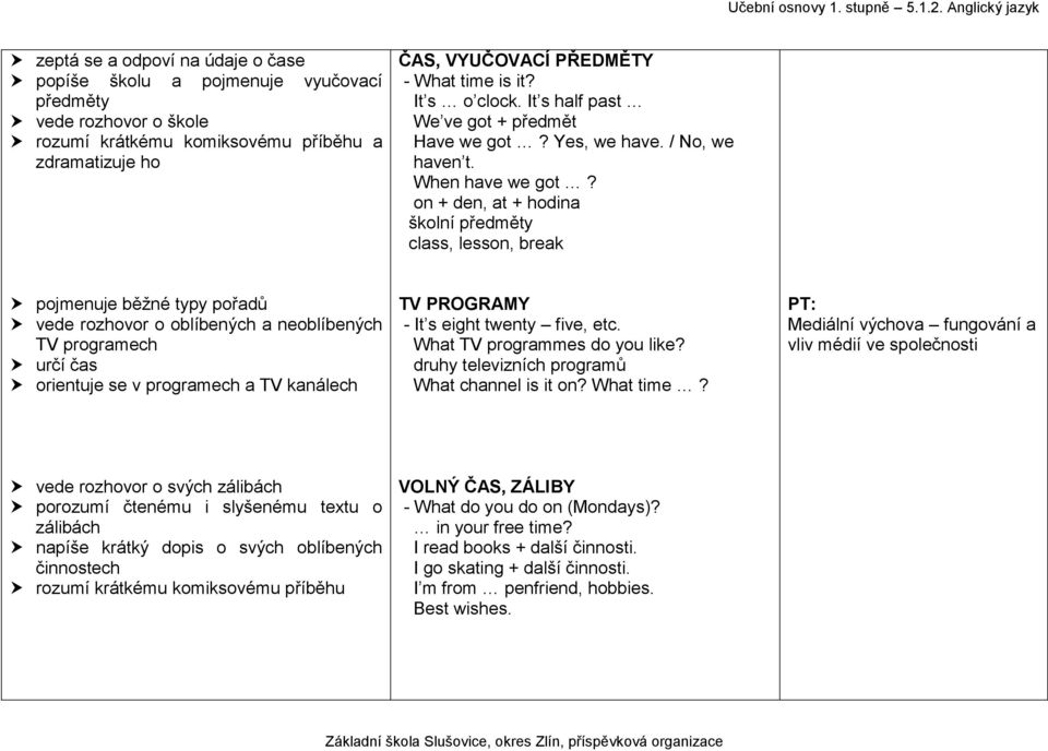 on + den, at + hodina školní předměty class, lesson, break pojmenuje běžné typy pořadů vede rozhovor o oblíbených a neoblíbených TV programech určí čas orientuje se v programech a TV kanálech TV