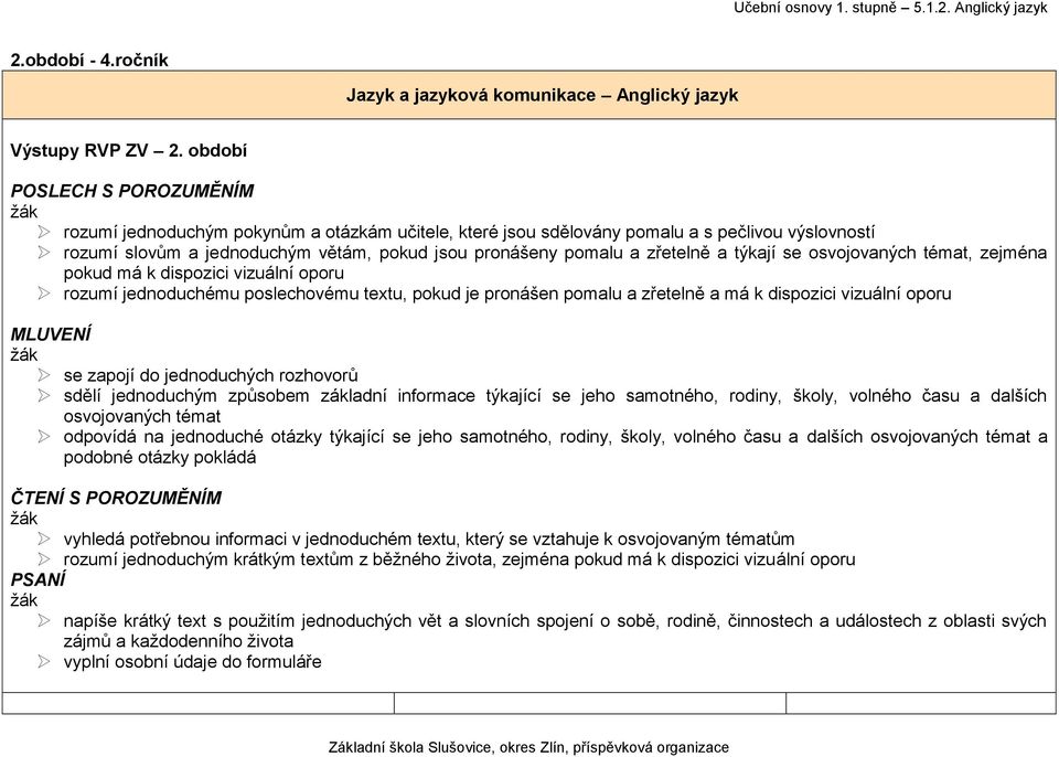 zřetelně a týkají se osvojovaných témat, zejména pokud má k dispozici vizuální oporu rozumí jednoduchému poslechovému textu, pokud je pronášen pomalu a zřetelně a má k dispozici vizuální oporu