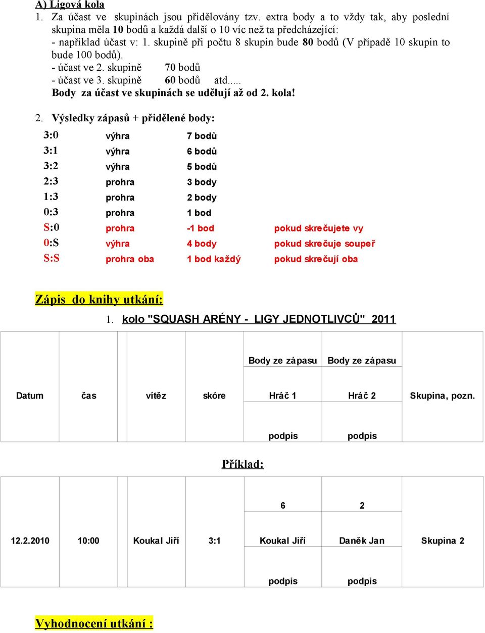 2. Výsledky zápasů + přidělené body: 3:0 výhra 7 bodů 3:1 výhra 6 bodů 3:2 výhra 5 bodů 2:3 prohra 3 body 1:3 prohra 2 body 0:3 prohra 1 bod S:0 prohra -1 bod pokud skrečujete vy 0:S výhra 4 body