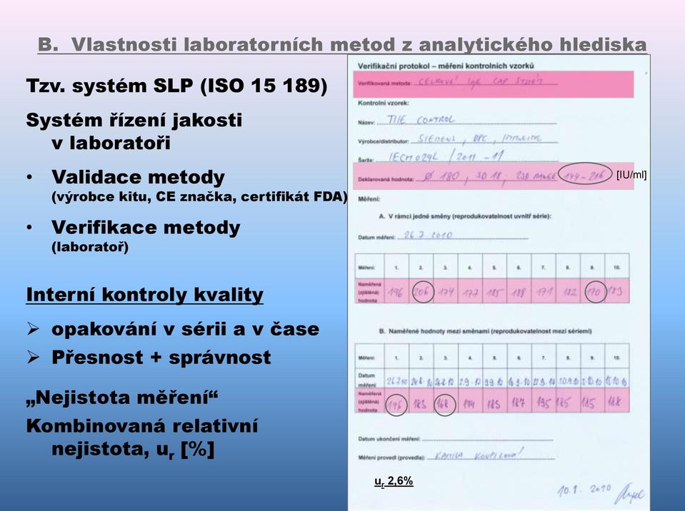 CE značka, certifikát FDA) [IU/ml] Verifikace metody (laboratoř) Interní kontroly kvality