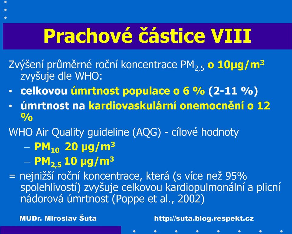 guideline (AQG) - cílové hodnoty PM 10 20 μg/m 3 PM 2,5 10 μg/m 3 = nejnižší roční koncentrace, která