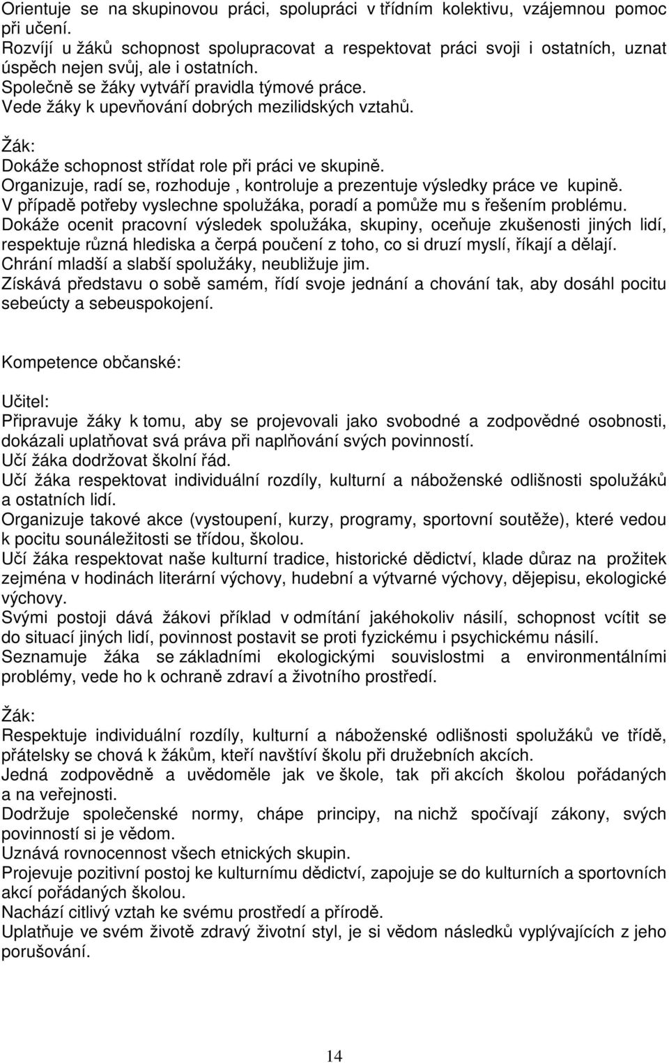 Vede žáky k upevování dobrých mezilidských vztah. Žák: Dokáže schopnost stídat role pi práci ve skupin. Organizuje, radí se, rozhoduje, kontroluje a prezentuje výsledky práce ve kupin.