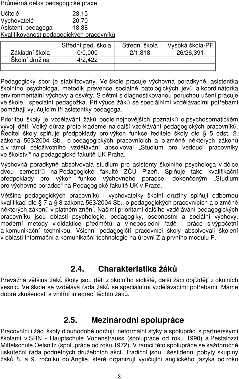 Ve škole pracuje výchovná poradkyn, asistentka školního psychologa, metodik prevence sociáln patologických jev a koordinátorka environmentální výchovy a osvty.