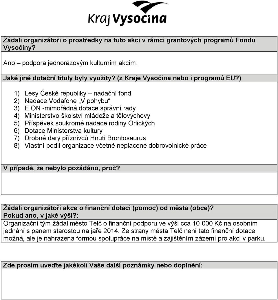 ON -mimořádná dotace správní rady 4) Ministerstvo školství mládeže a tělovýchovy 5) Příspěvek soukromé nadace rodiny Orlických 6) Dotace Ministerstva kultury 7) Drobné dary příznivců Hnutí