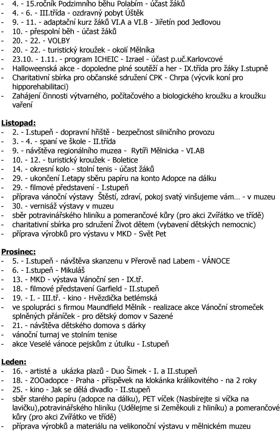 stupně Charitativní sbírka pro občanské sdružení CPK - Chrpa (výcvik koní pro hipporehabilitaci) Zahájení činnosti výtvarného, počítačového a biologického kroužku a kroužku vaření Listopad: - 2. - I.