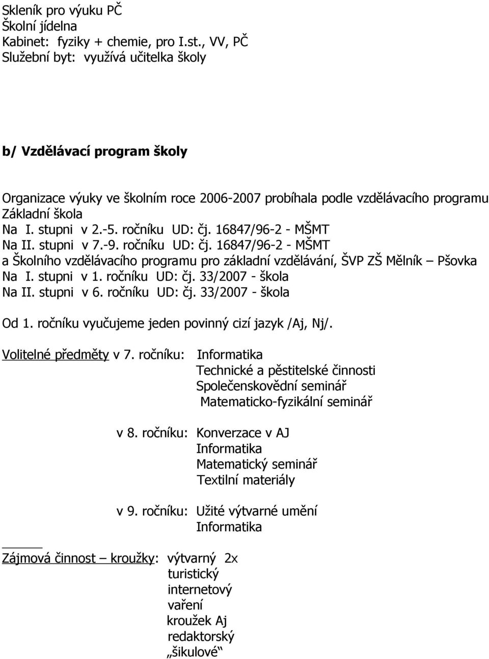 ročníku UD: čj. 16847/96-2 - MŠMT Na II. stupni v 7.-9. ročníku UD: čj. 16847/96-2 - MŠMT a Školního vzdělávacího programu pro základní vzdělávání, ŠVP ZŠ Mělník Pšovka Na I. stupni v 1.