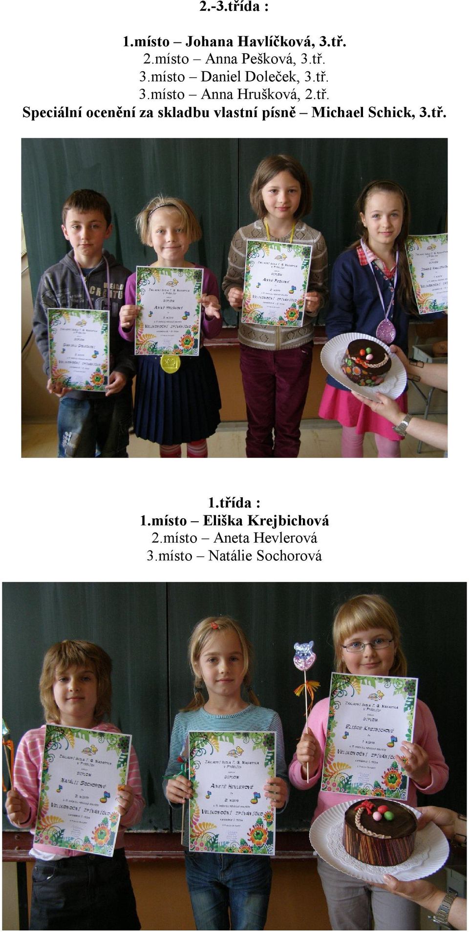 tř. 1.třída : 1.místo Eliška Krejbichová 2.místo Aneta Hevlerová 3.