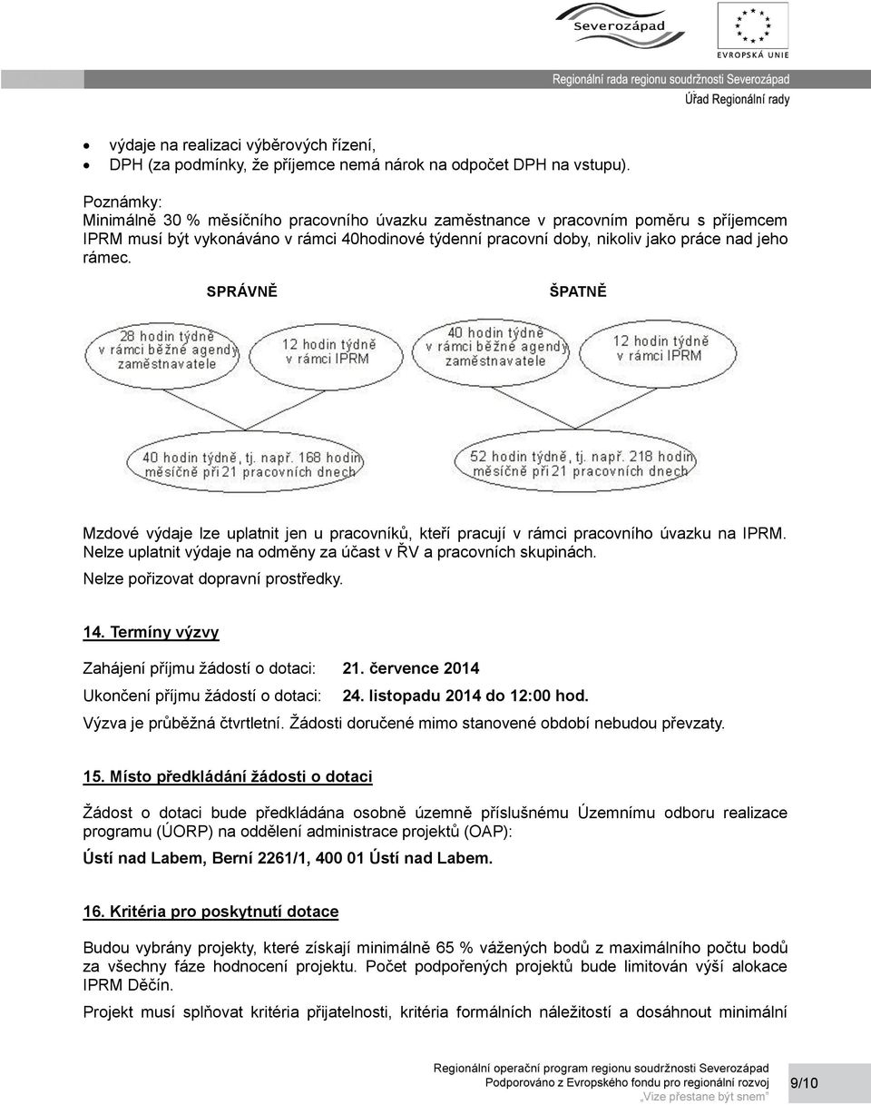 SPRÁVNĚ ŠPATNĚ Mzdové výdaje lze uplatnit jen u pracovníků, kteří pracují v rámci pracovního úvazku na IPRM. Nelze uplatnit výdaje na odměny za účast v ŘV a pracovních skupinách.