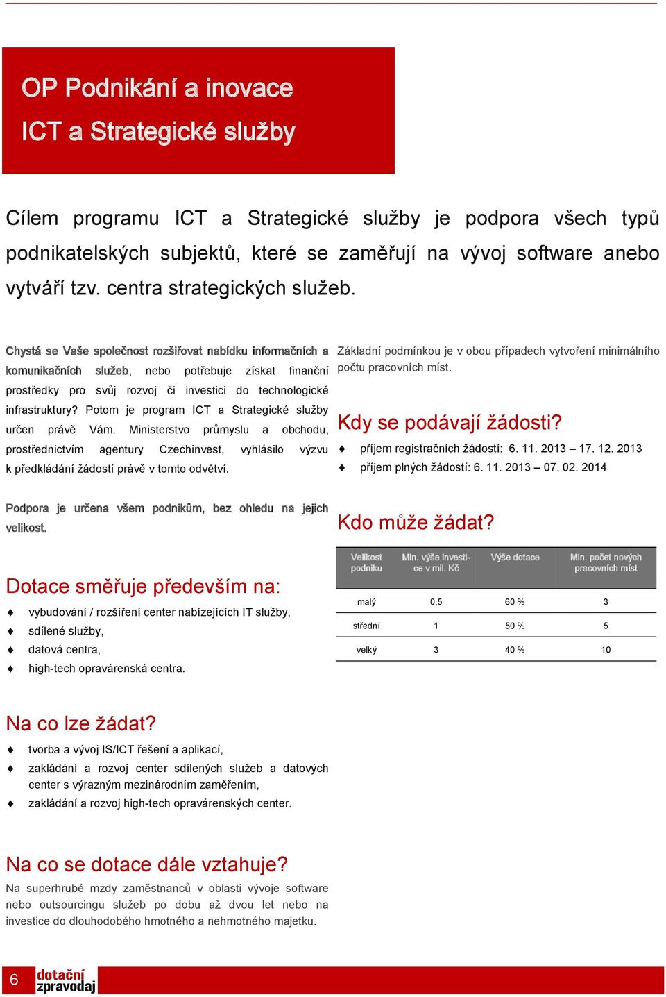 Chystá se Vaše společnost rozšiřovat nabídku informačních a komunikačních služeb, nebo potřebuje získat finanční prostředky pro svůj rozvoj či investici do technologické infrastruktury?