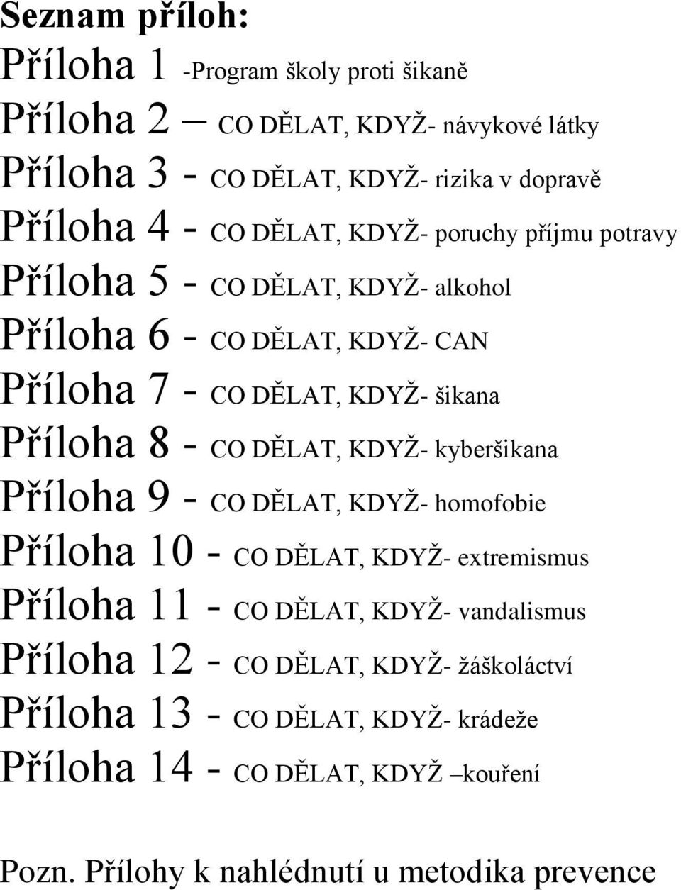 DĚLAT, KDYŽ- kyberšikana Příloha 9 - CO DĚLAT, KDYŽ- homofobie Příloha 10 - CO DĚLAT, KDYŽ- extremismus Příloha 11 - CO DĚLAT, KDYŽ- vandalismus Příloha