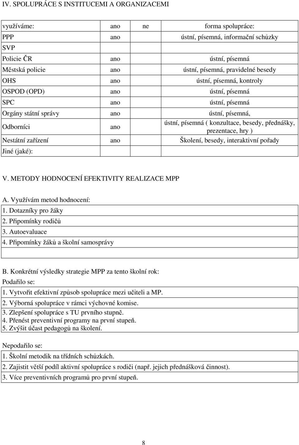 zařízení Školení, besedy, interaktivní pořady Jiné (jaké): V. METODY HODNOCENÍ EFEKTIVITY REALIZACE MPP A. Využívám metod hodnocení: 1. Dotazníky pro žáky 2. Připomínky rodičů 3. Autoevaluace 4.