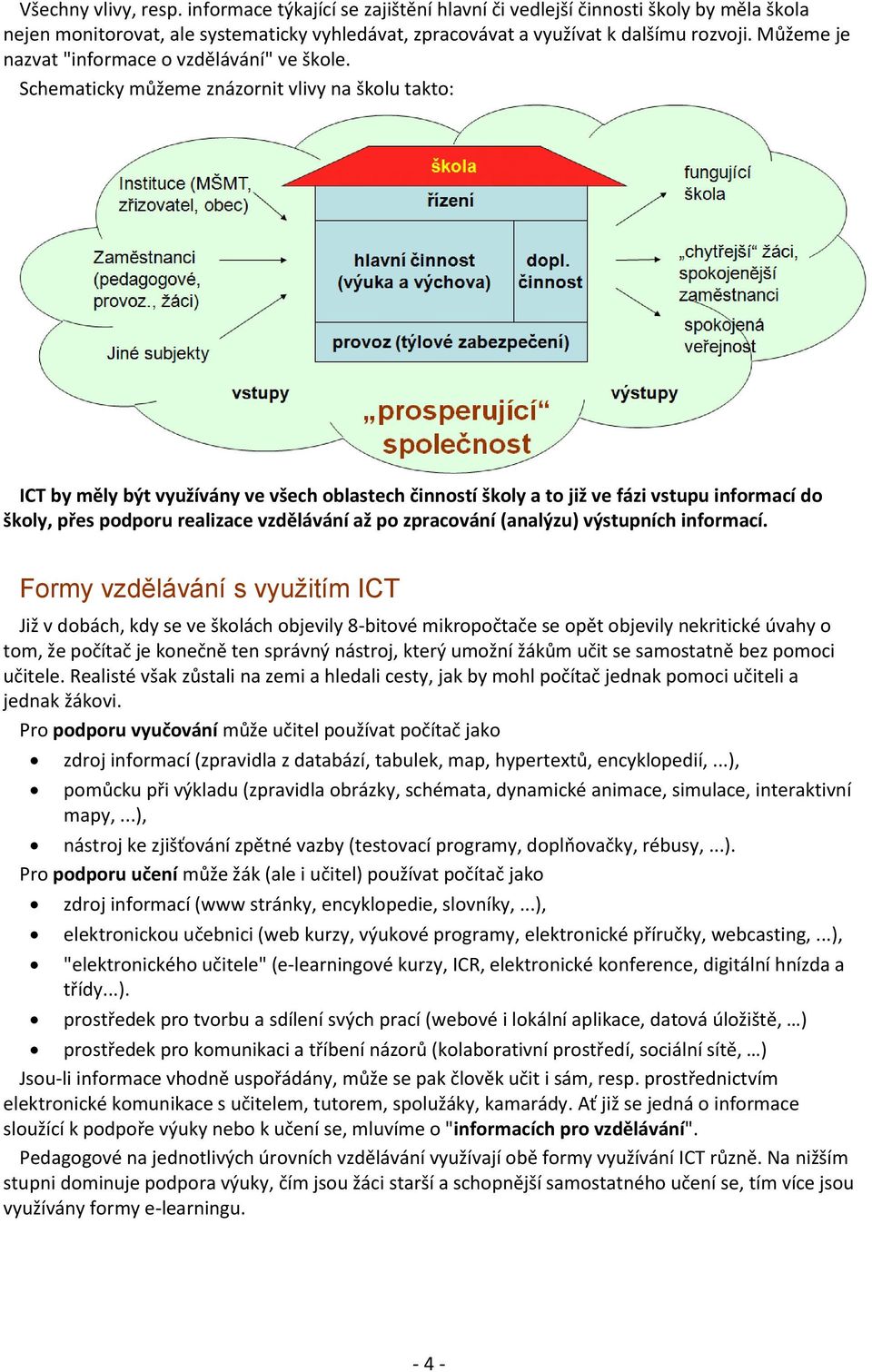 Schematicky můžeme znázornit vlivy na školu takto: ICT by měly být využívány ve všech oblastech činností školy a to již ve fázi vstupu informací do školy, přes podporu realizace vzdělávání až po