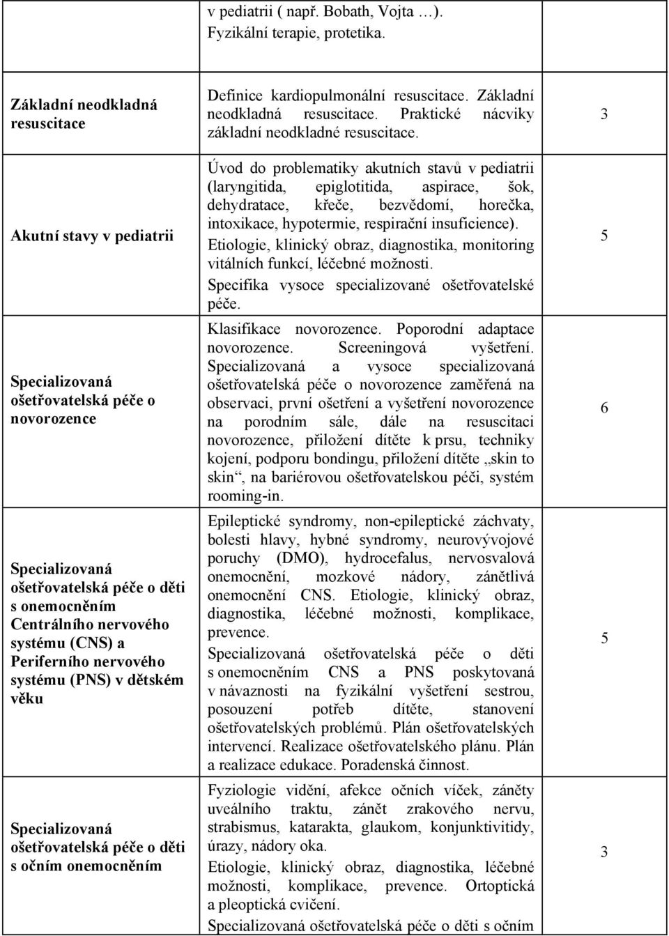 v dtském vku ošetovatelská pée o dti s oním onemocnním Definice kardiopulmonální resuscitace. Základní neodkladná resuscitace. Praktické nácviky základní neodkladné resuscitace.