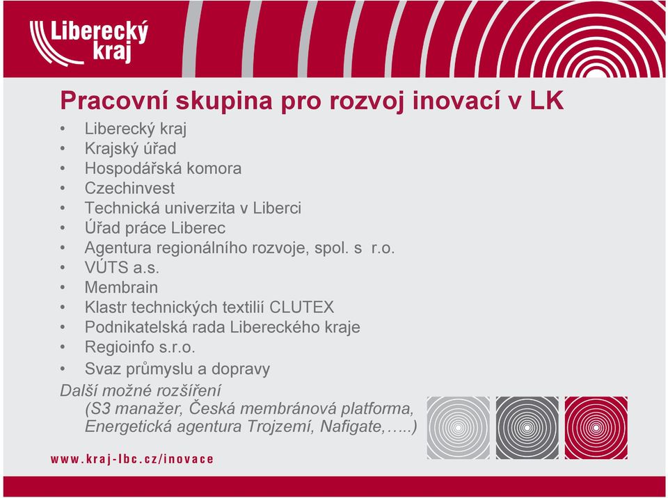 ol. s r.o. VÚTS a.s. Membrain Klastr technických textilií CLUTEX Podnikatelská rada Libereckého kraje Regioinfo s.