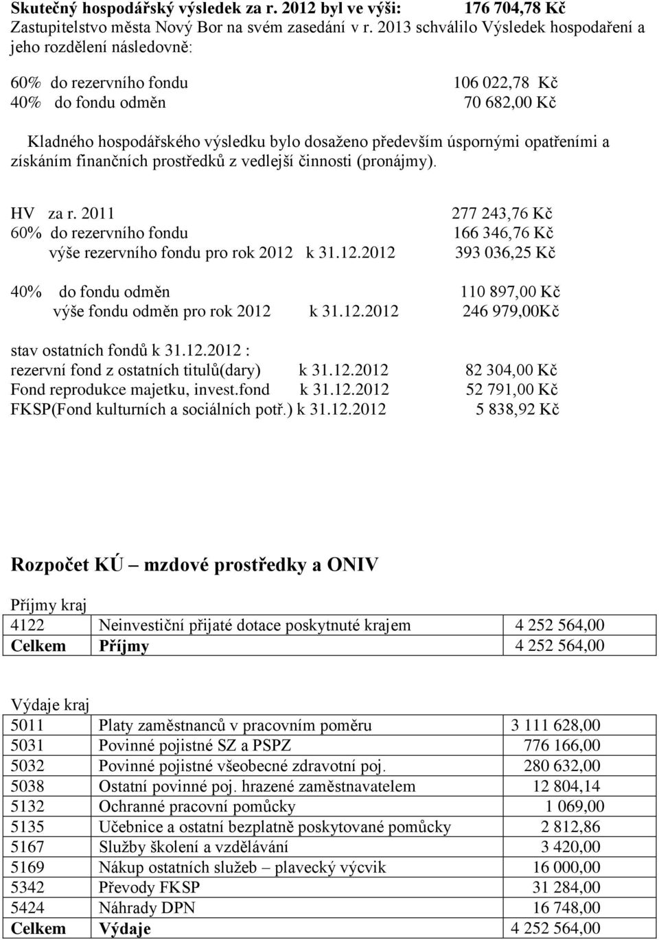 úspornými opatřeními a získáním finančních prostředků z vedlejší činnosti (pronájmy). HV za r. 2011 277 243,76 Kč 60% do rezervního fondu 166 346,76 Kč výše rezervního fondu pro rok 2012 