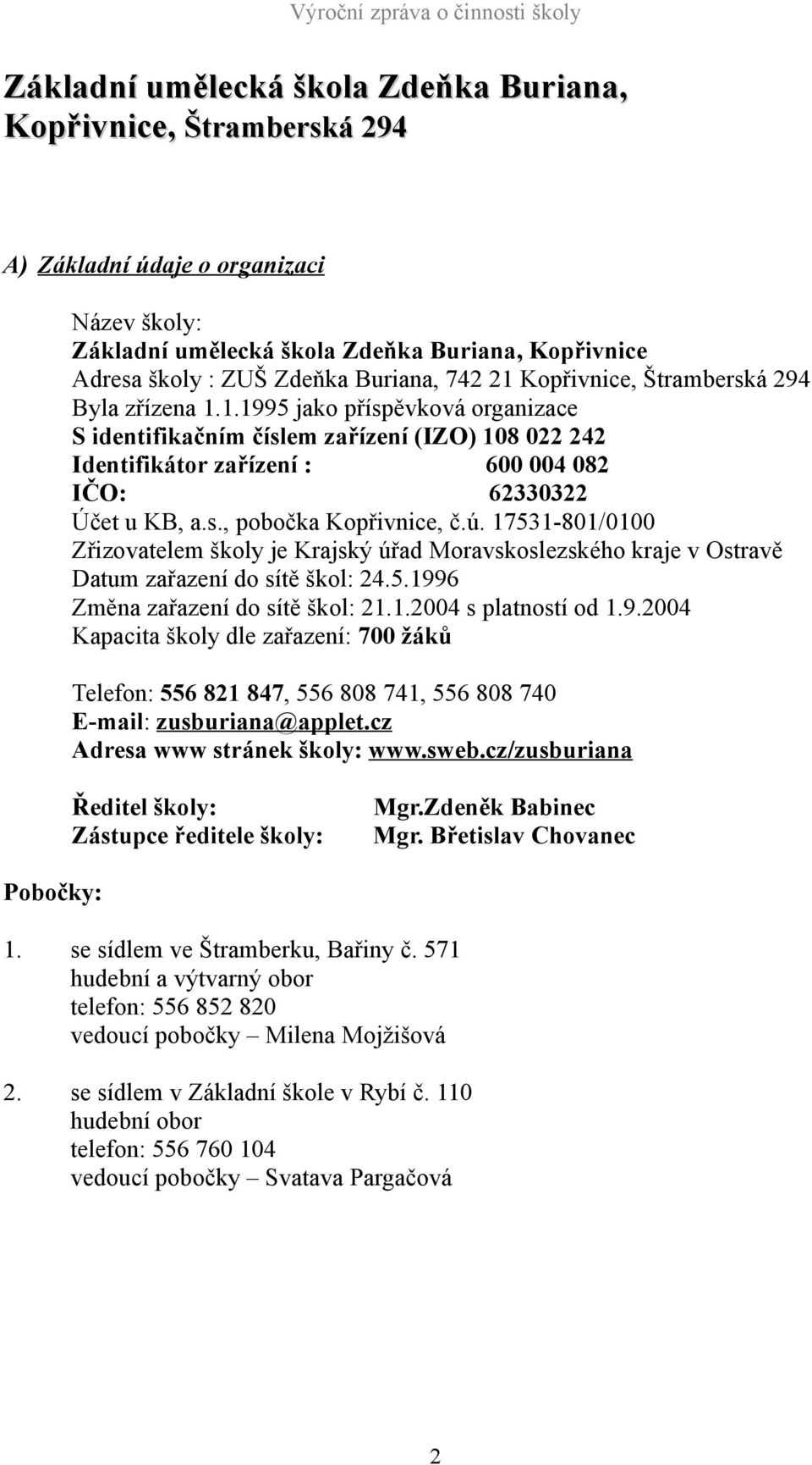 s., pobočka Kopřivnice, č.ú. 17531-801/0100 Zřizovatelem školy je Krajský úřad Moravskoslezského kraje v Ostravě Datum zařazení do sítě škol: 24.5.1996 Změna zařazení do sítě škol: 21.1.2004 s platností od 1.