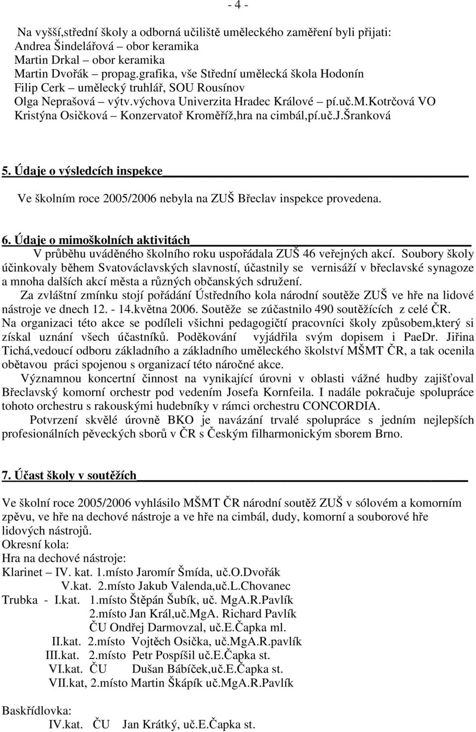 uč.j.šranková 5. Údaje o výsledcích inspekce Ve školním roce 2005/2006 nebyla na ZUŠ Břeclav inspekce provedena. 6.