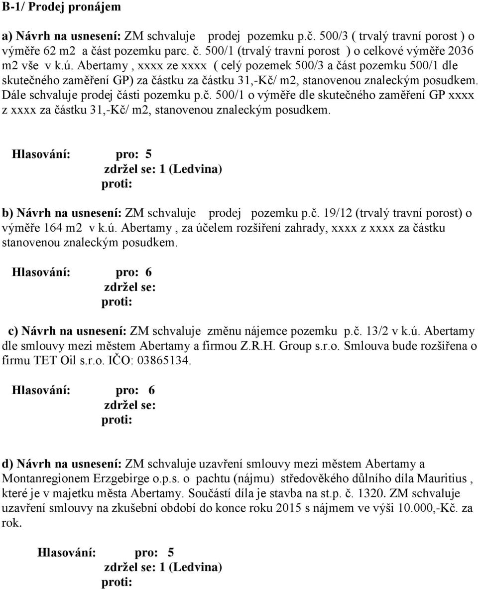 Hlasování: pro: 5 1 (Ledvina) b) Návrh na usnesení: ZM schvaluje prodej pozemku p.č. 19/12 (trvalý travní porost) o výměře 164 m2 v k.ú.