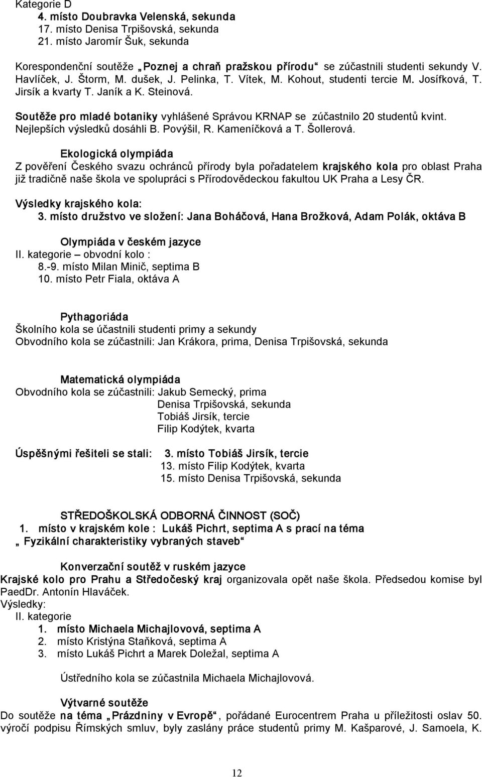 Josífková, T. Jirsík a kvarty T. Janík a K. Steinová. Soutěže pro mladé botaniky vyhlášené Správou KRNAP se zúčastnilo 20 studentů kvint. Nejlepších výsledků dosáhli B. Povýšil, R. Kameníčková a T.