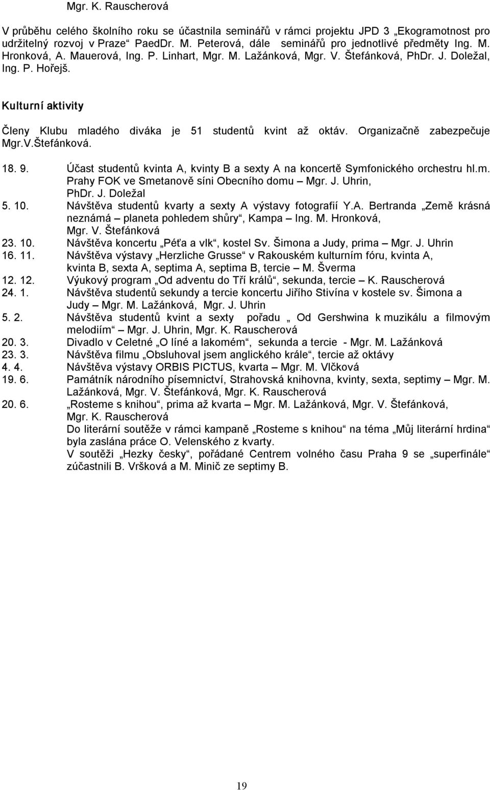 Kulturní aktivity Členy Klubu mladého diváka je 51 studentů kvint až oktáv. Organizačně zabezpečuje Mgr.V.Štefánková. 18. 9.