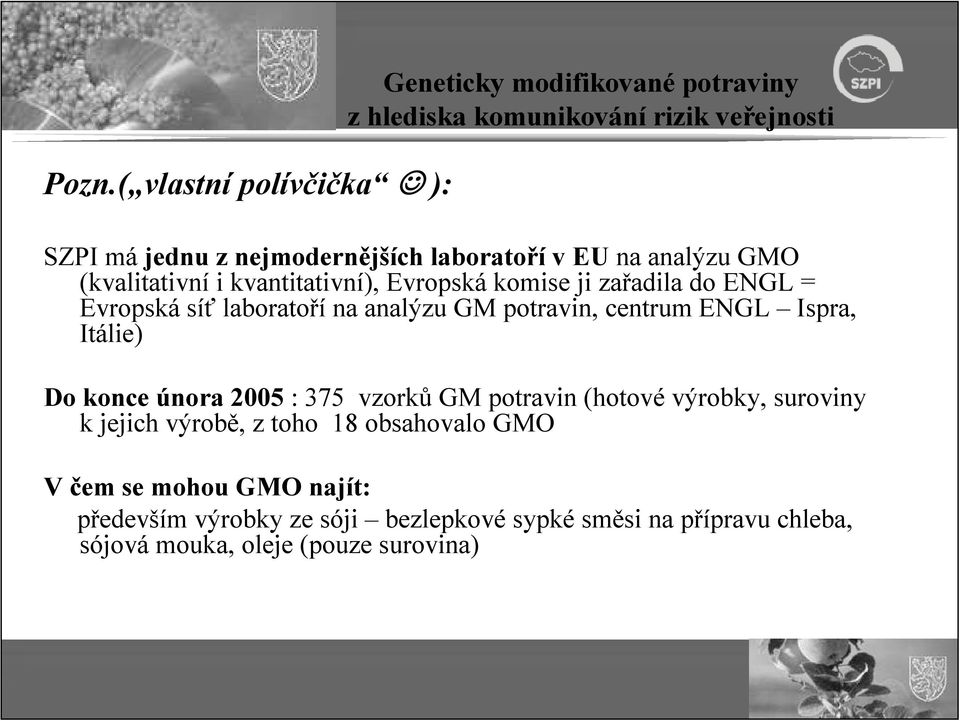 ENGL Ispra, Itálie) Do konce února 2005 : 375 vzorků GM potravin (hotové výrobky, suroviny k jejich výrobě, z toho 18 obsahovalo