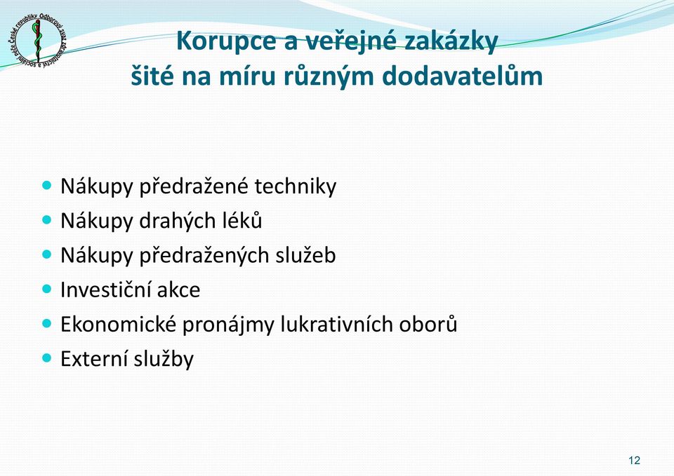 drahých léků Nákupy předražených služeb Investiční