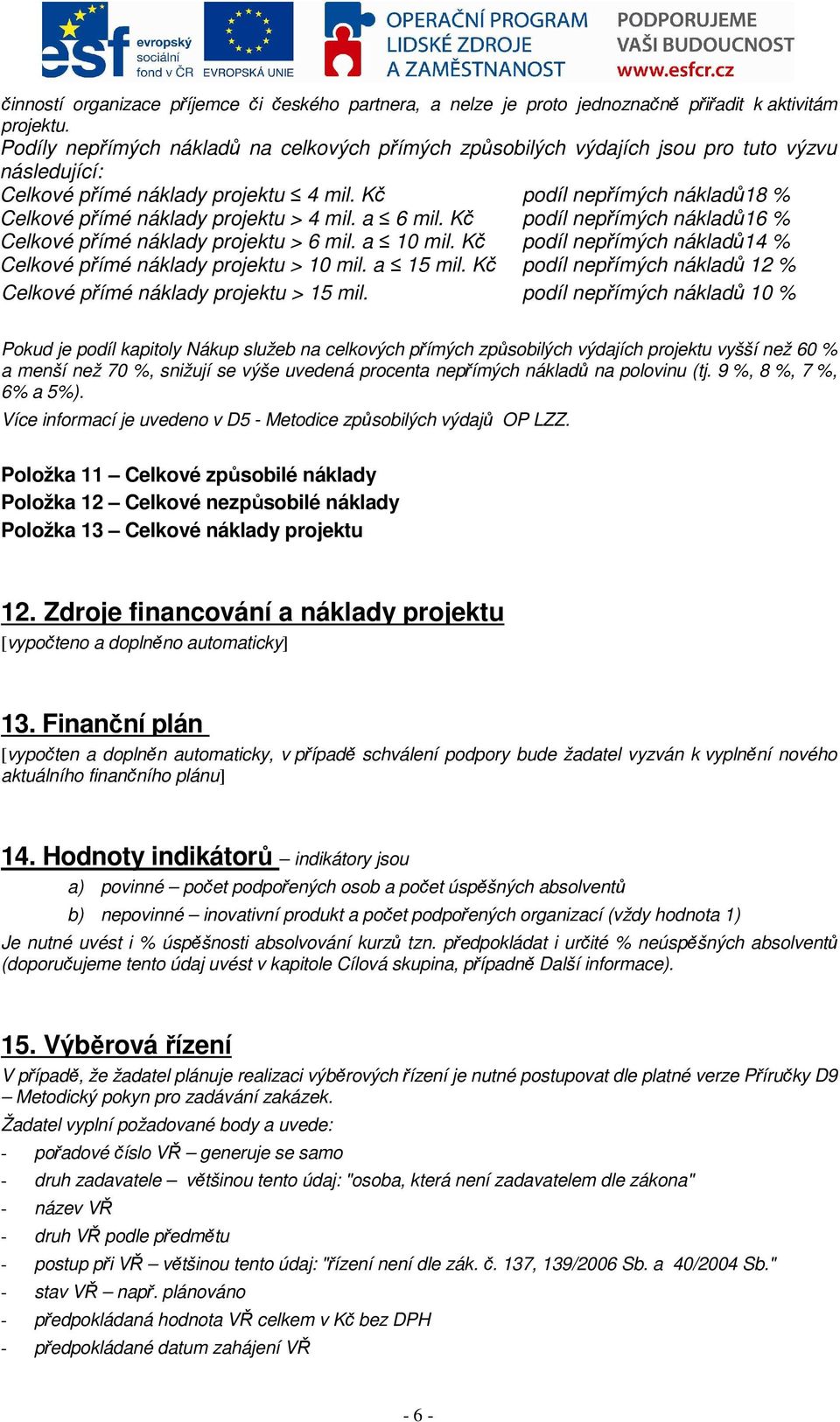 Kč podíl nepřímých nákladů18 % Celkové přímé náklady projektu > 4 mil. a 6 mil. Kč podíl nepřímých nákladů16 % Celkové přímé náklady projektu > 6 mil. a 10 mil.