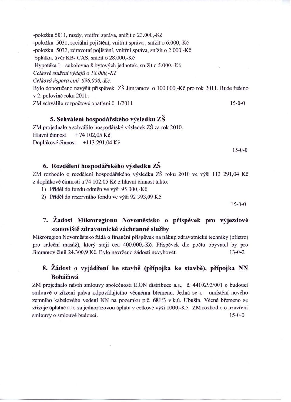 Bylo doporučeno navýšit příspěvek ZŠ Jimramov o IOO.OOO,-Kčpro rok 2011. Bude řešeno v 2. polovině roku 2011. ZM schválilo rozpočtové opatření č. 1/2011 5.